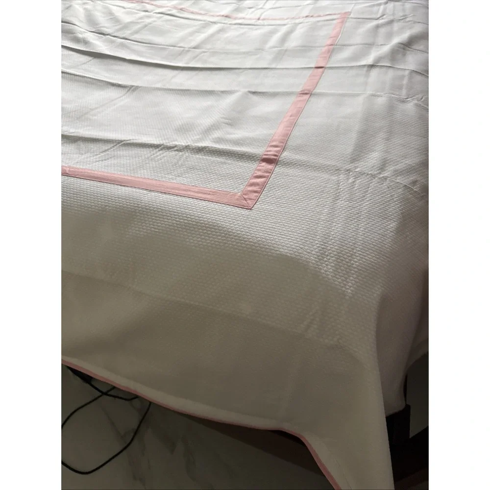 Look Linen Co Twin Banded Duvet Cover White Pink Trim‎ Cotton Portugal Luxury